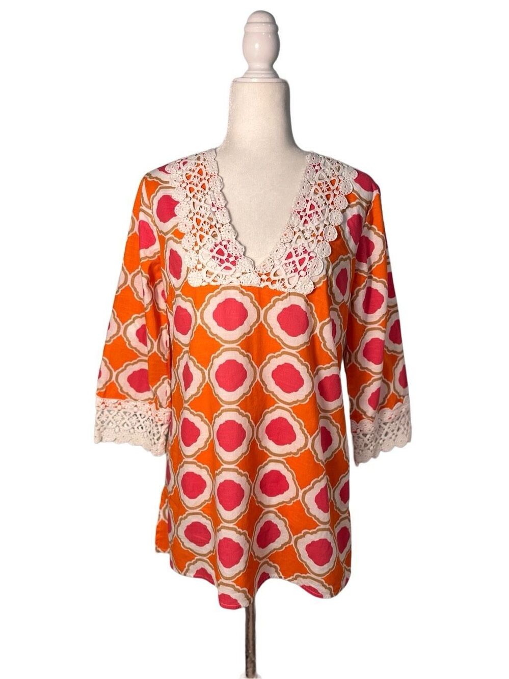 mudpie cotton tunic top with orange and pink geometric pattern and lace sleeve a
